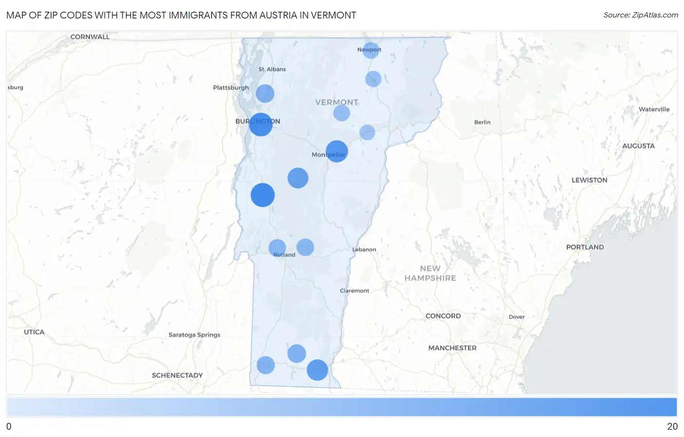 Zip Codes with the Most Immigrants from Austria in Vermont Map