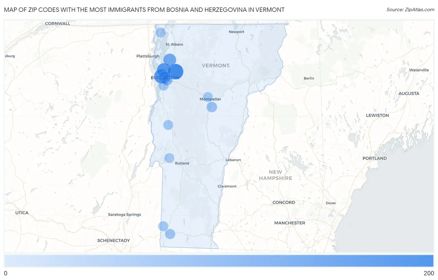 Zip Codes with the Most Immigrants from Bosnia and Herzegovina in Vermont Map