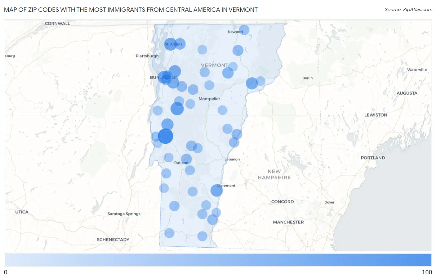 Zip Codes with the Most Immigrants from Central America in Vermont Map