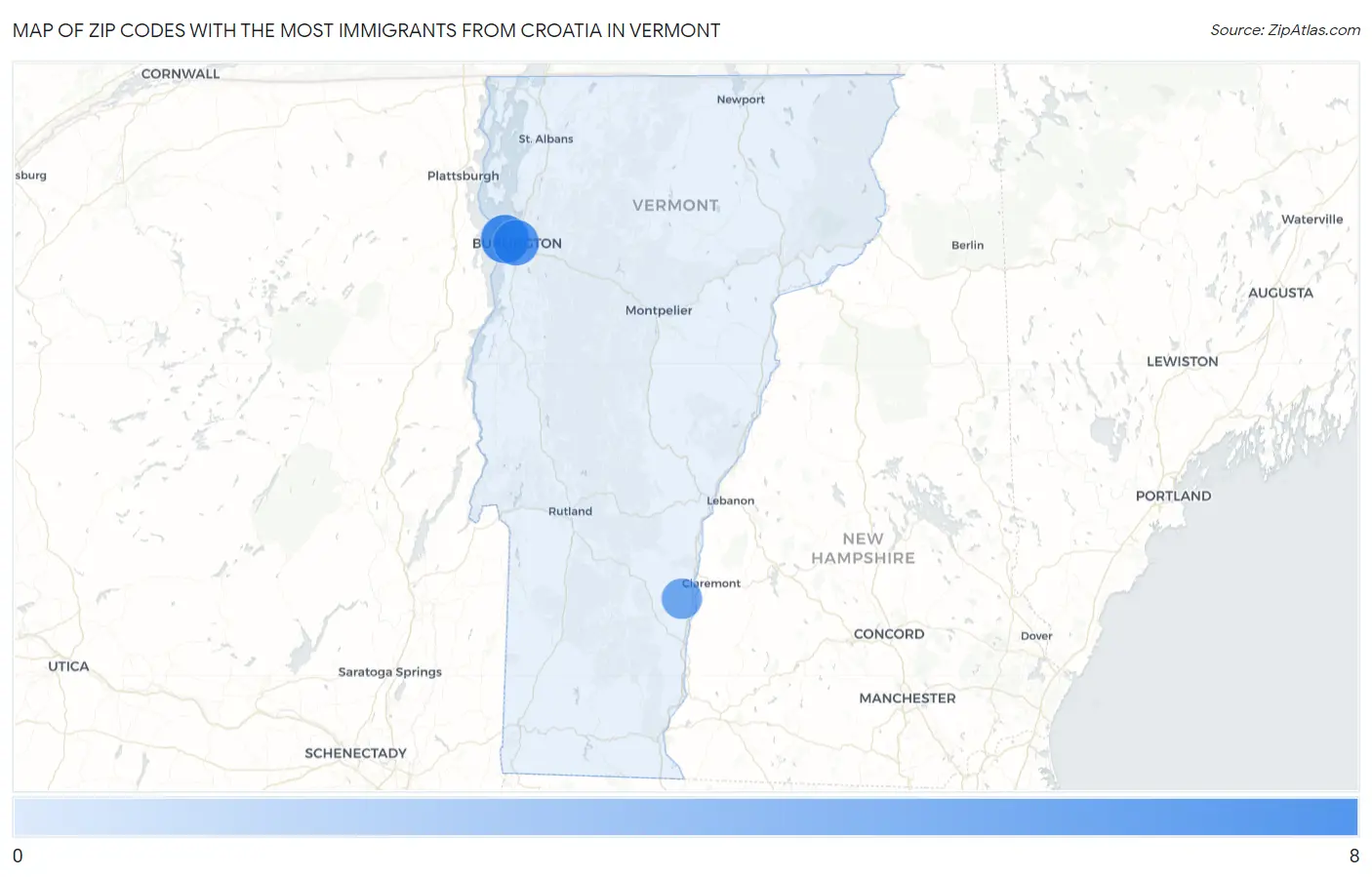 Zip Codes with the Most Immigrants from Croatia in Vermont Map