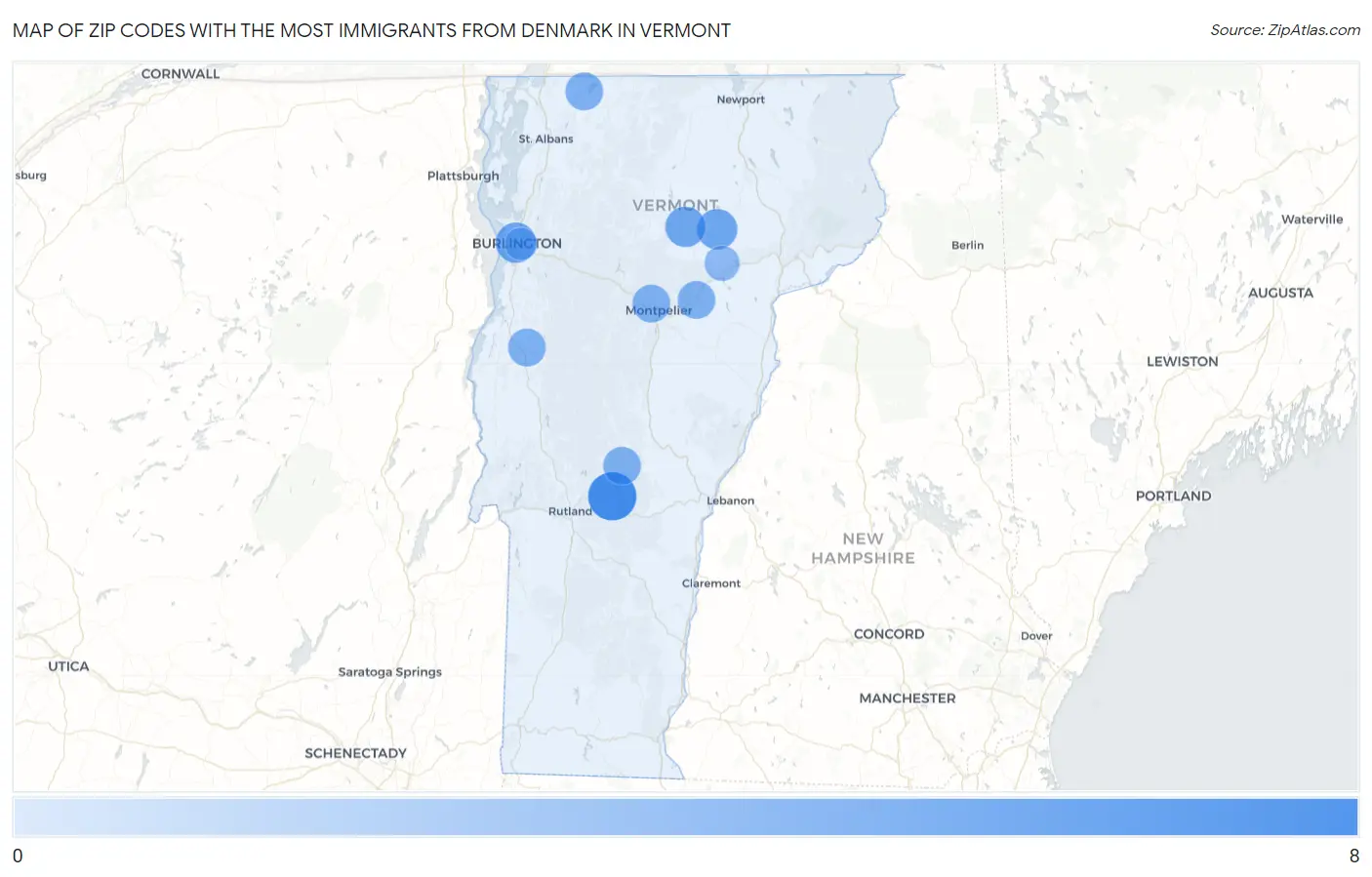Zip Codes with the Most Immigrants from Denmark in Vermont Map