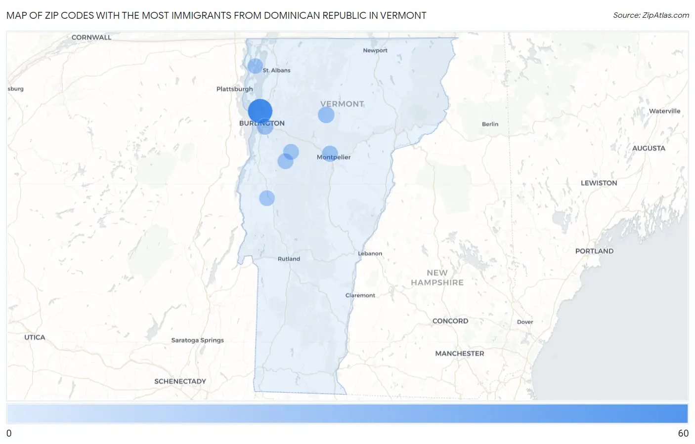 Zip Codes with the Most Immigrants from Dominican Republic in Vermont Map