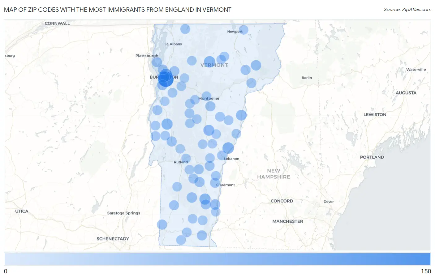 Zip Codes with the Most Immigrants from England in Vermont Map