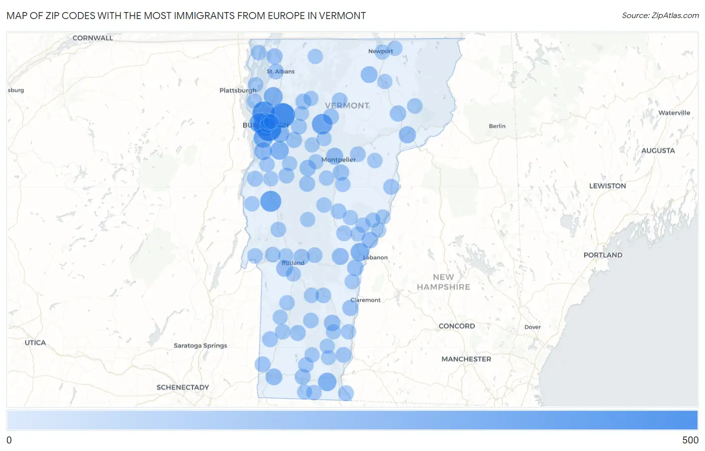 Zip Codes with the Most Immigrants from Europe in Vermont Map