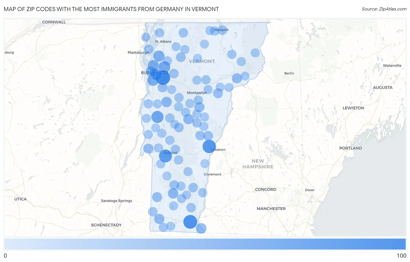 Zip Codes with the Most Immigrants from Germany in Vermont Map