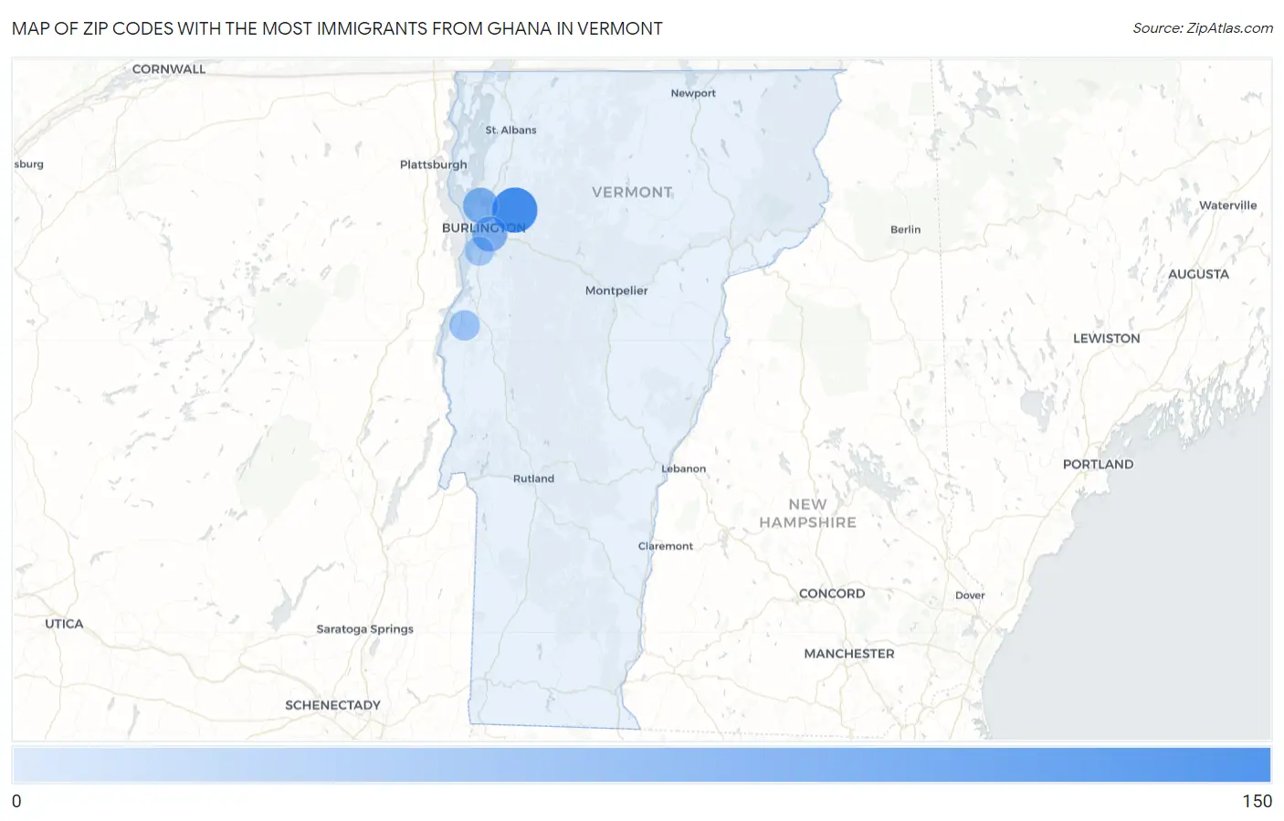 Zip Codes with the Most Immigrants from Ghana in Vermont Map