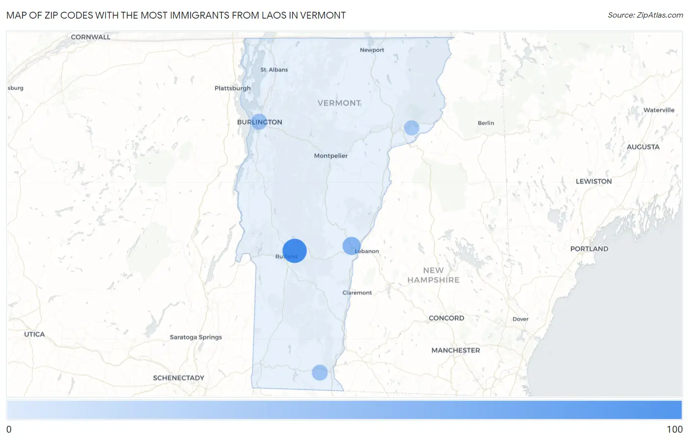 Zip Codes with the Most Immigrants from Laos in Vermont Map