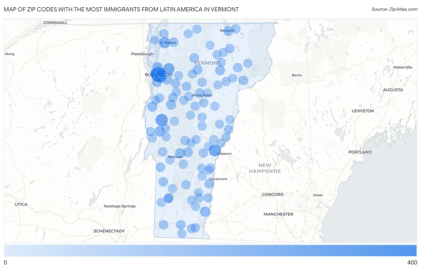 Zip Codes with the Most Immigrants from Latin America in Vermont Map