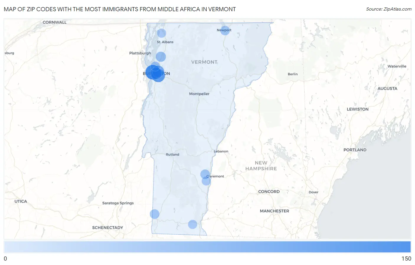 Zip Codes with the Most Immigrants from Middle Africa in Vermont Map