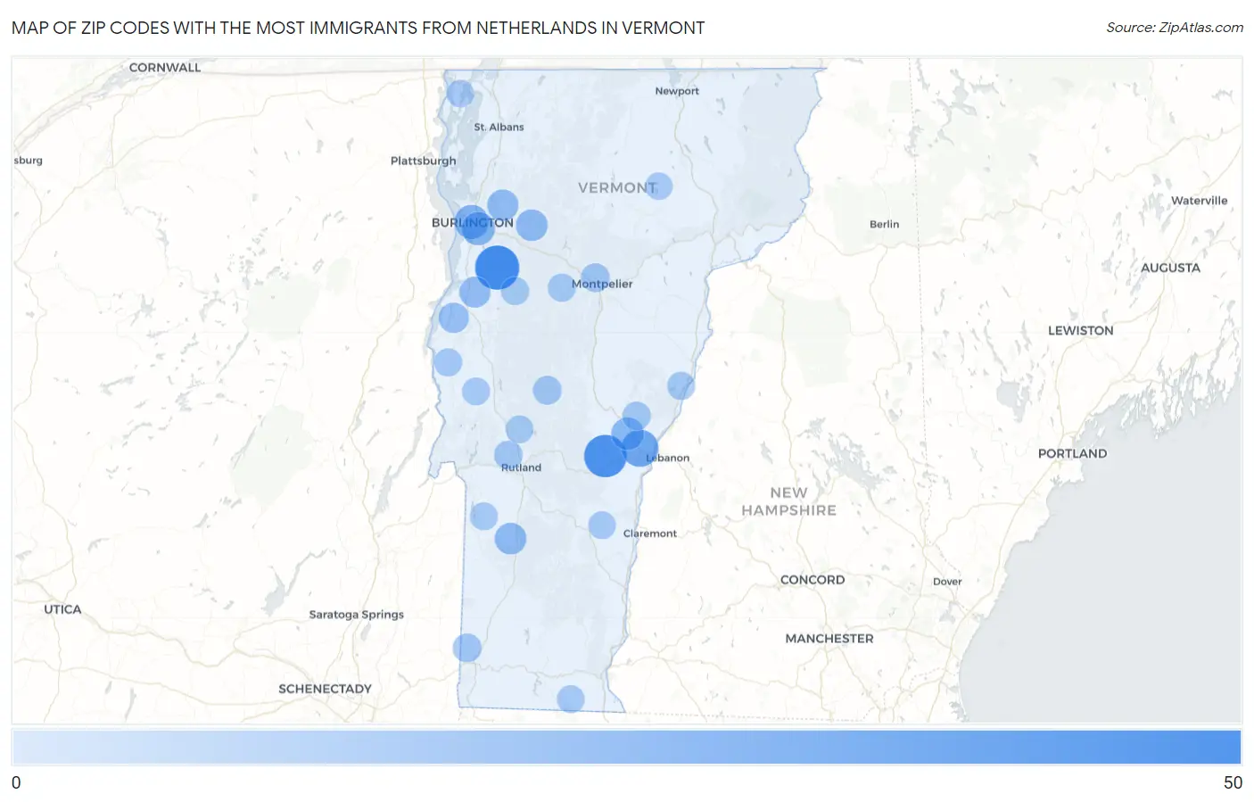 Zip Codes with the Most Immigrants from Netherlands in Vermont Map