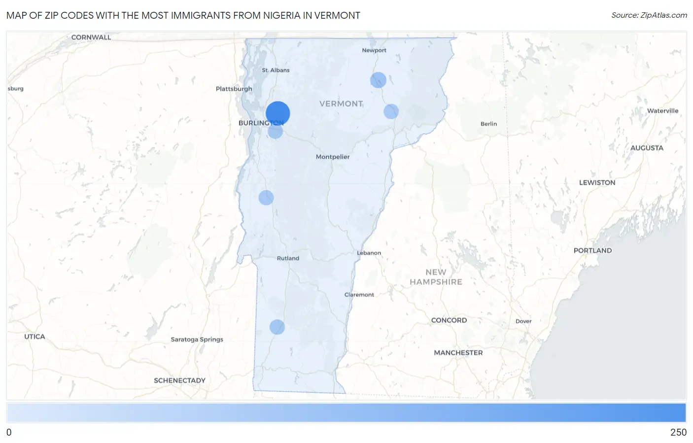 Zip Codes with the Most Immigrants from Nigeria in Vermont Map