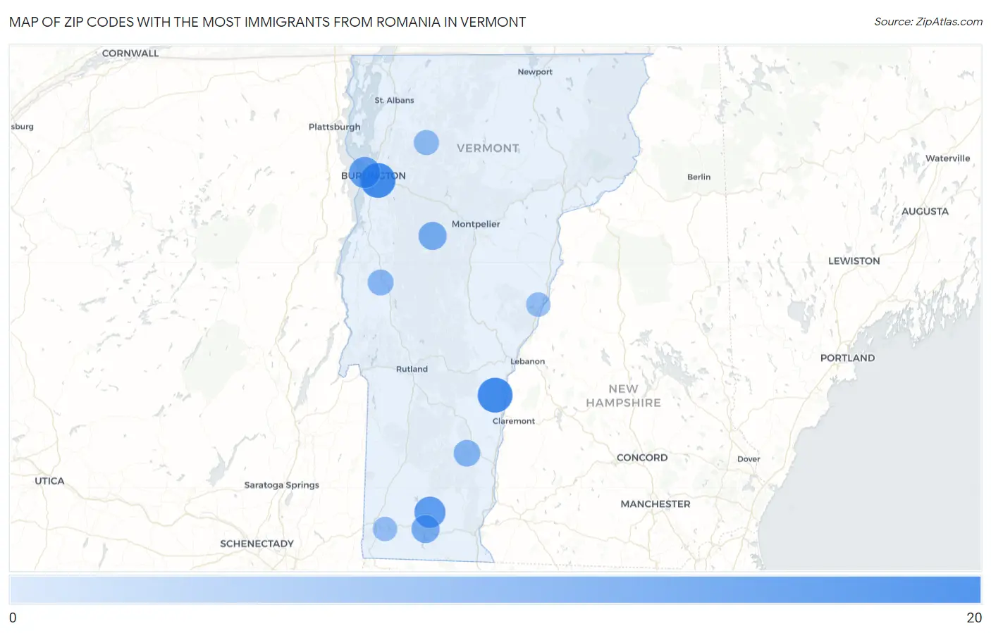 Zip Codes with the Most Immigrants from Romania in Vermont Map