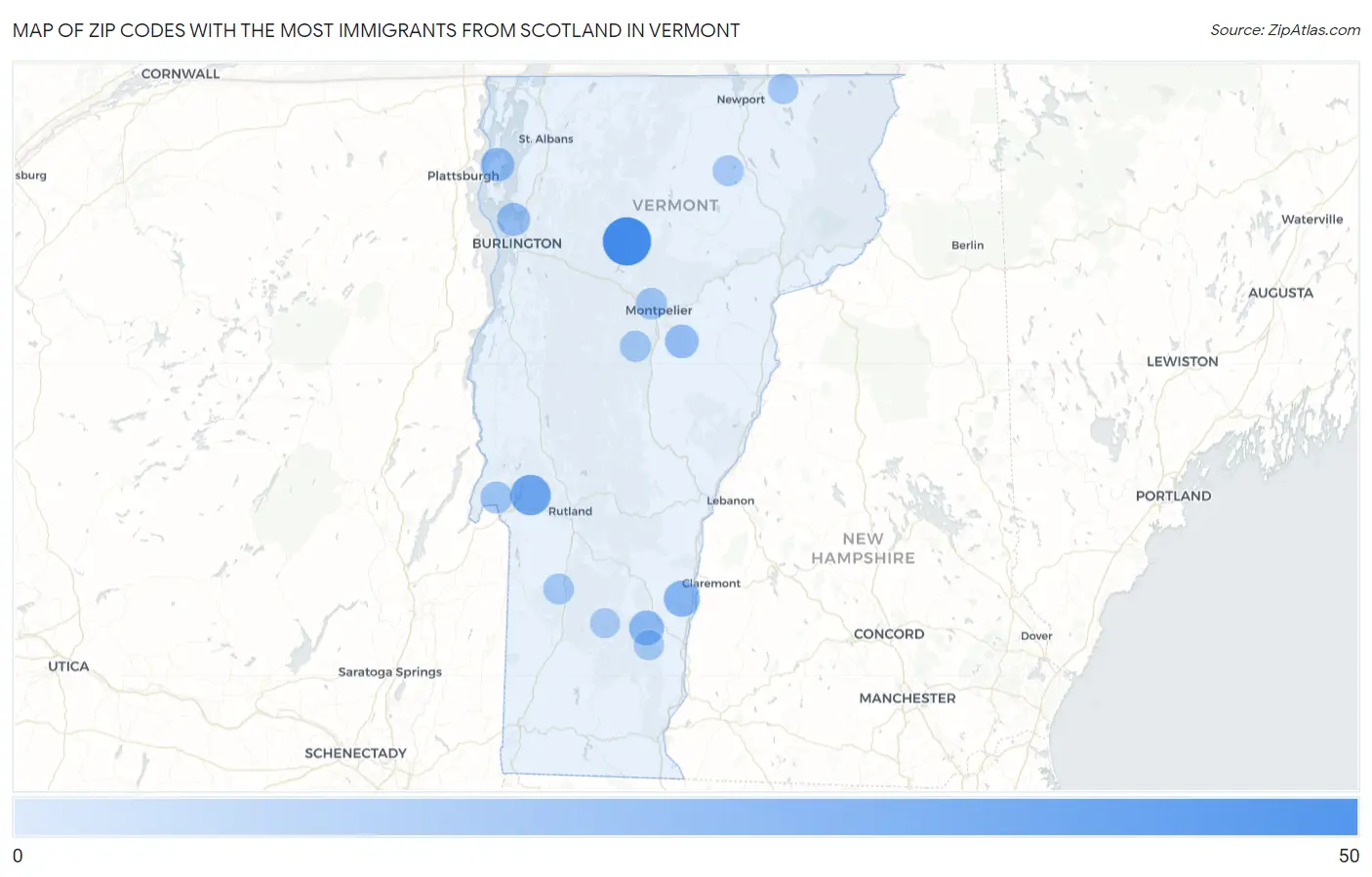 Zip Codes with the Most Immigrants from Scotland in Vermont Map