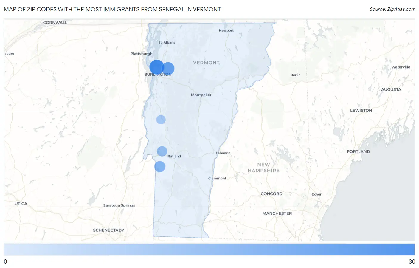 Zip Codes with the Most Immigrants from Senegal in Vermont Map