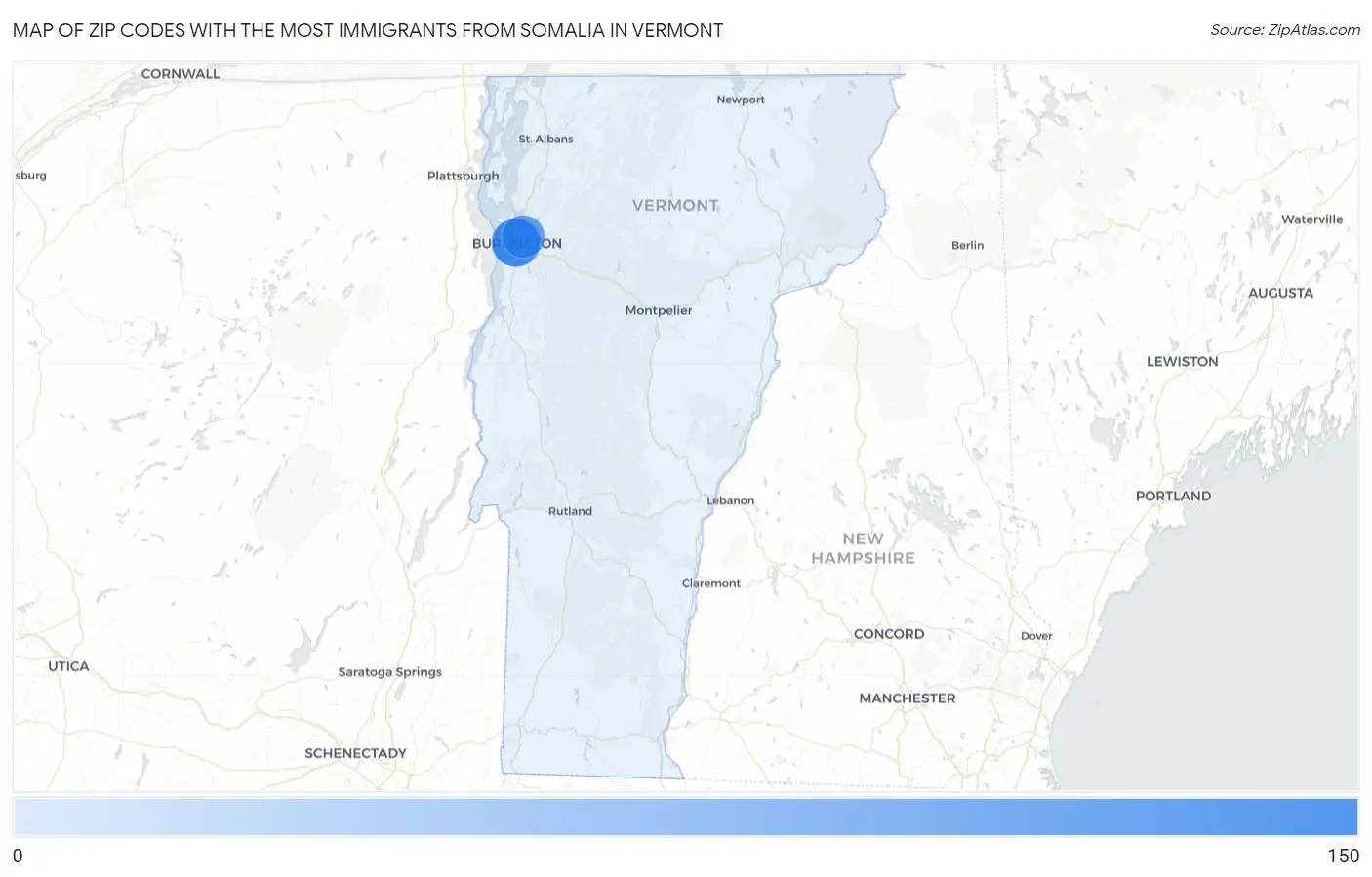 Zip Codes with the Most Immigrants from Somalia in Vermont Map
