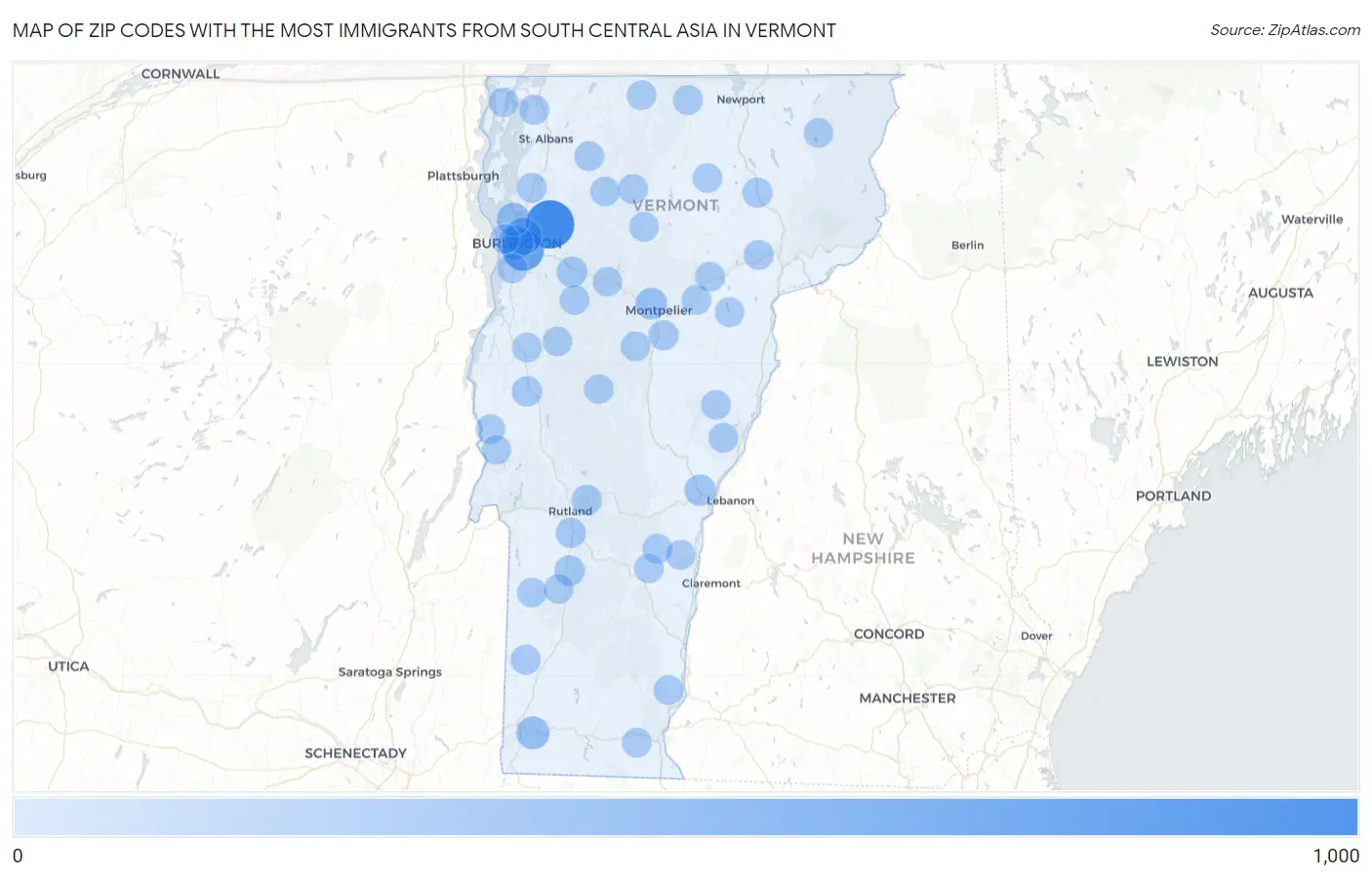 Zip Codes with the Most Immigrants from South Central Asia in Vermont Map