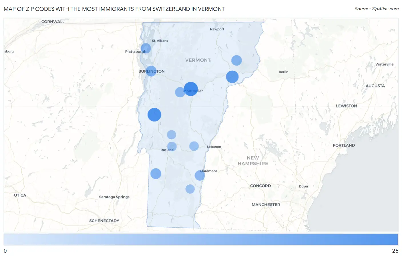 Zip Codes with the Most Immigrants from Switzerland in Vermont Map
