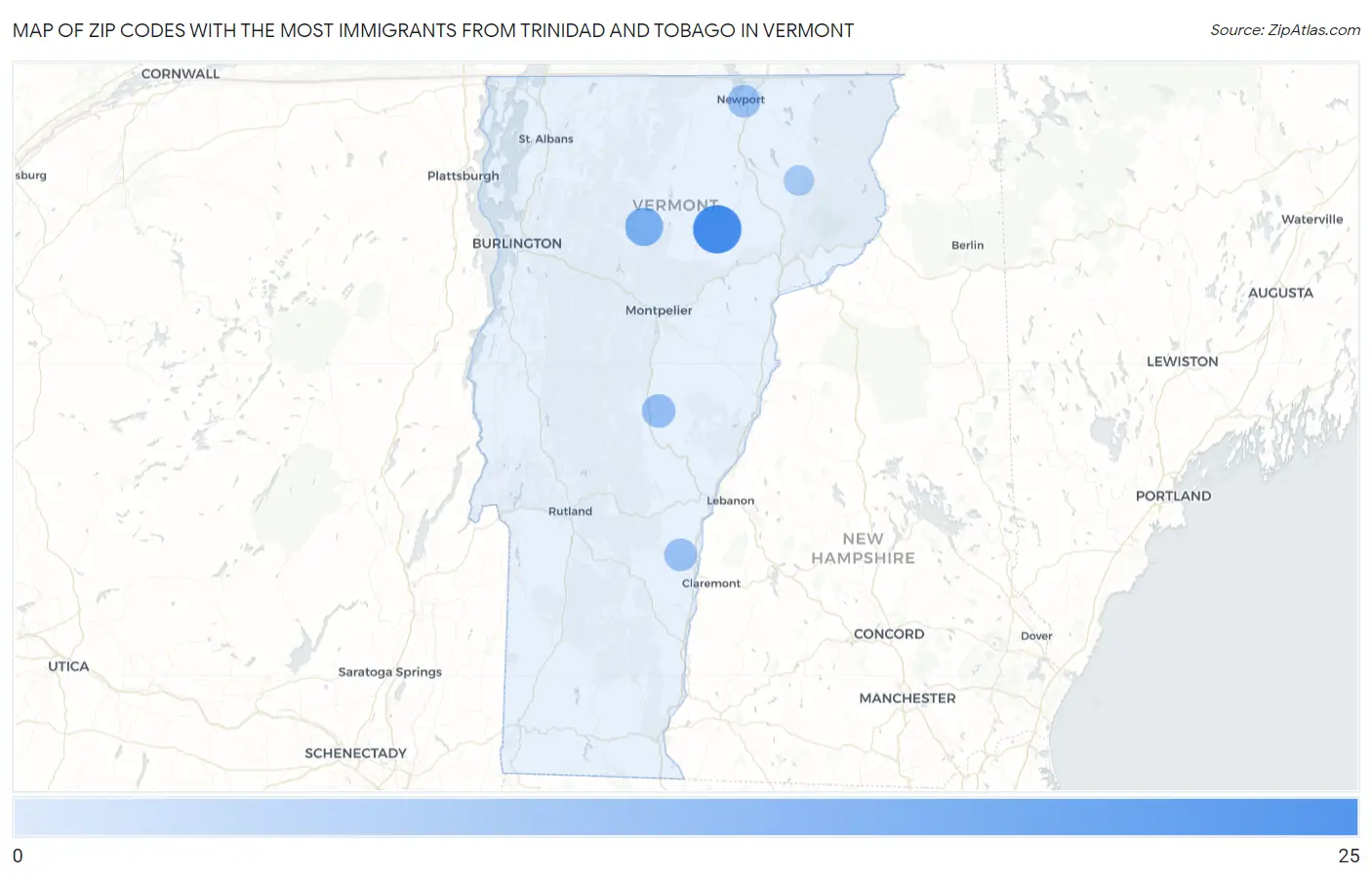 Zip Codes with the Most Immigrants from Trinidad and Tobago in Vermont Map