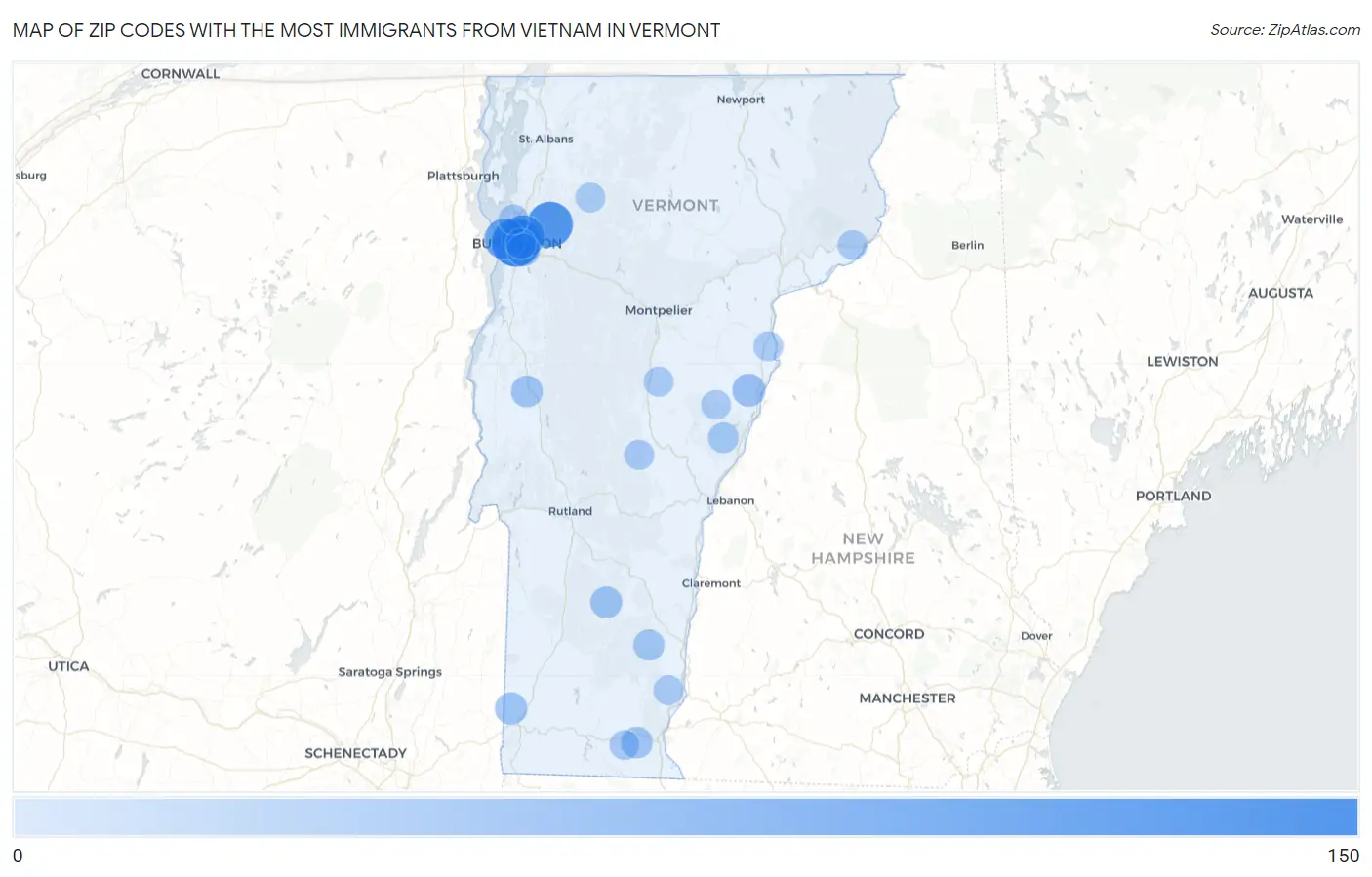 Zip Codes with the Most Immigrants from Vietnam in Vermont Map