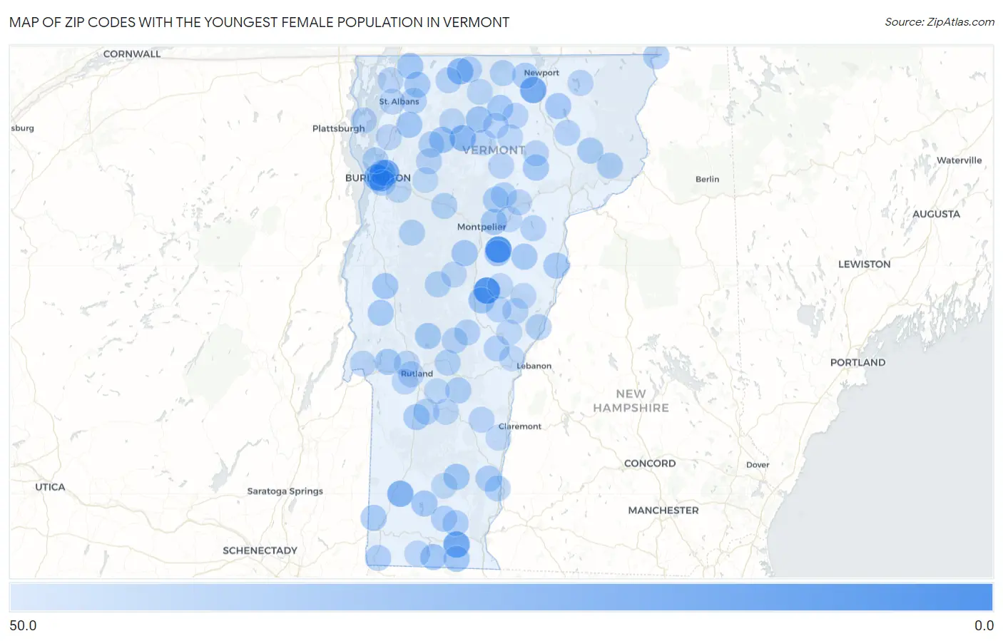 Zip Codes with the Youngest Female Population in Vermont Map