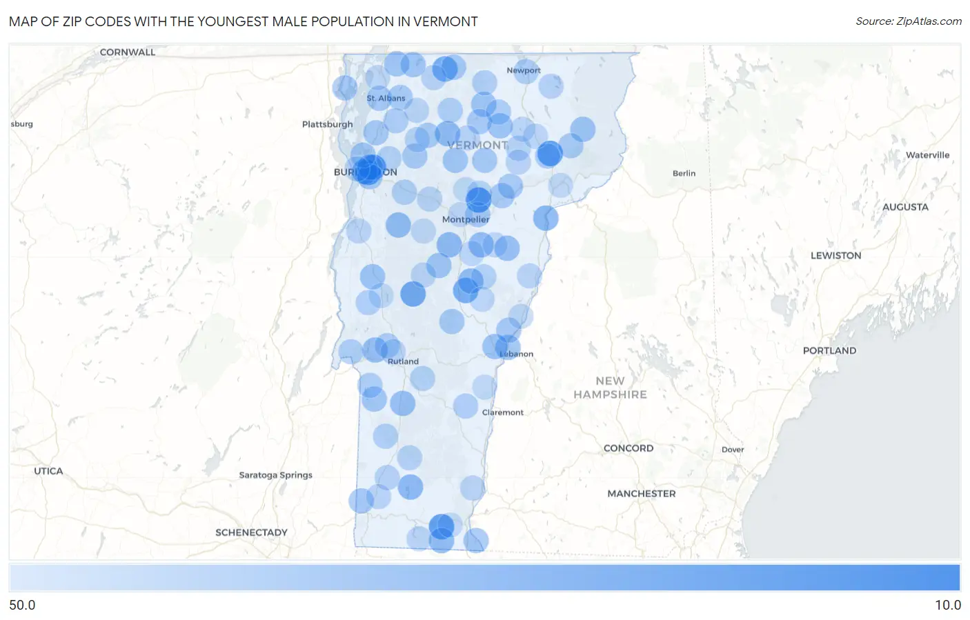 Zip Codes with the Youngest Male Population in Vermont Map