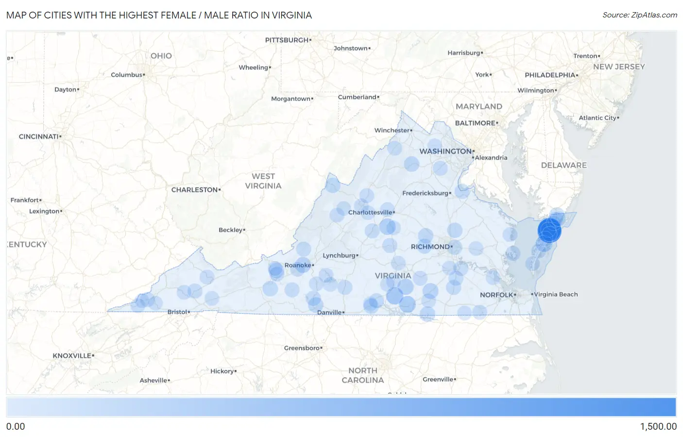 Cities with the Highest Female / Male Ratio in Virginia Map