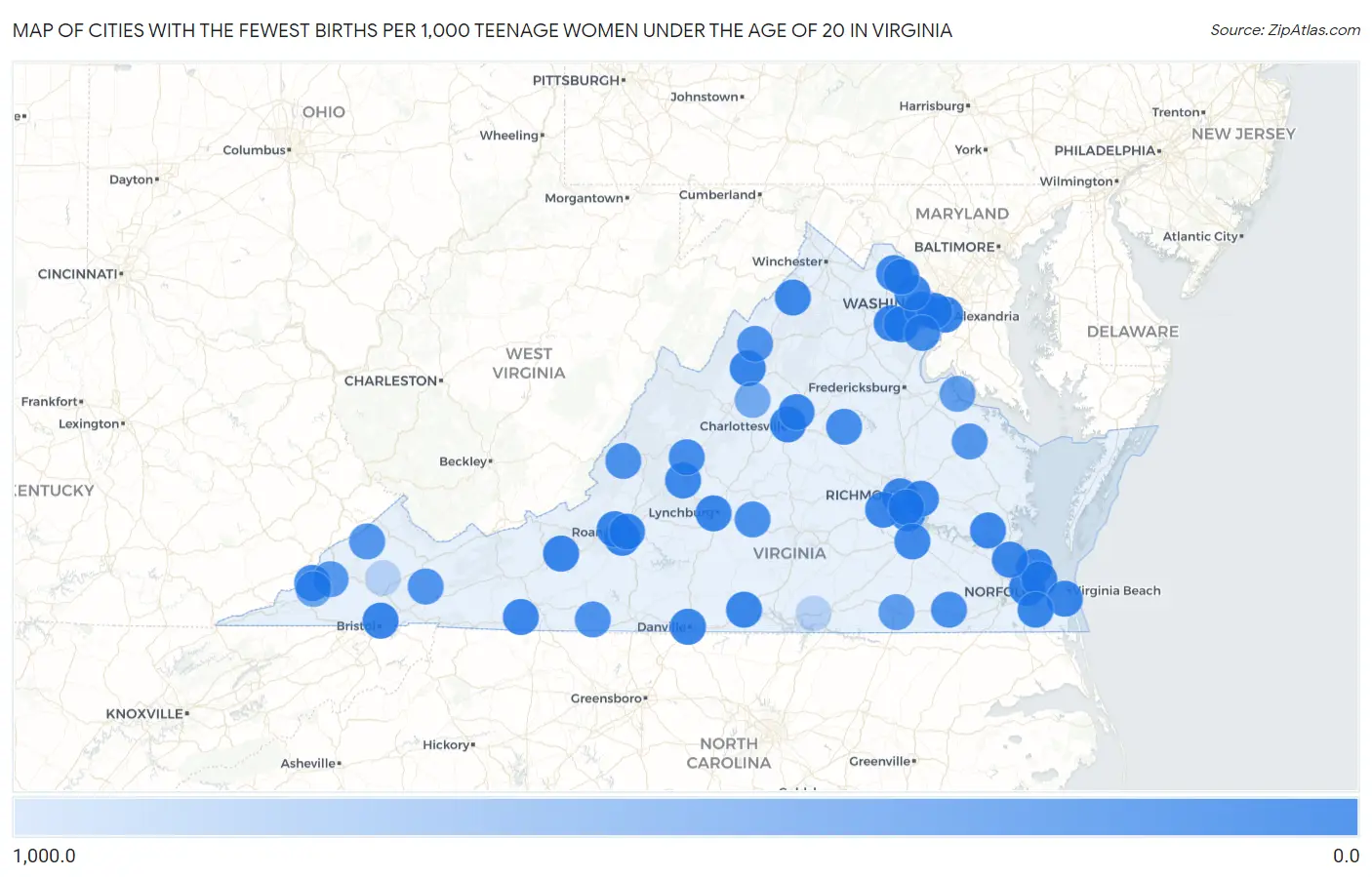 Cities with the Fewest Births per 1,000 Teenage Women Under the Age of 20 in Virginia Map