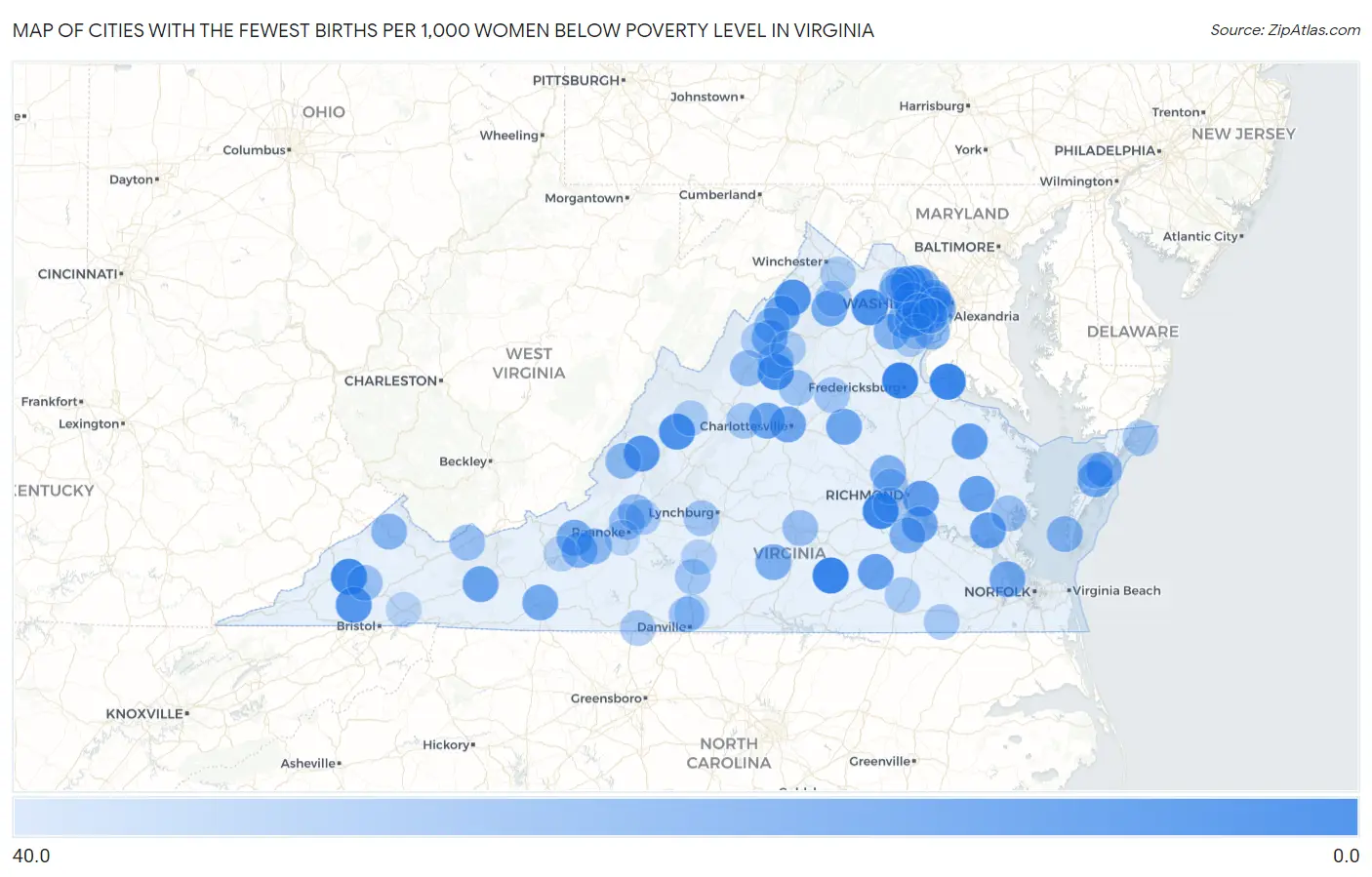 Cities with the Fewest Births per 1,000 Women Below Poverty Level in Virginia Map