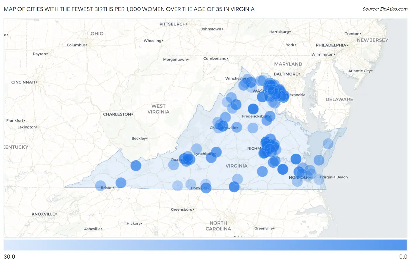 Cities with the Fewest Births per 1,000 Women Over the Age of 35 in Virginia Map