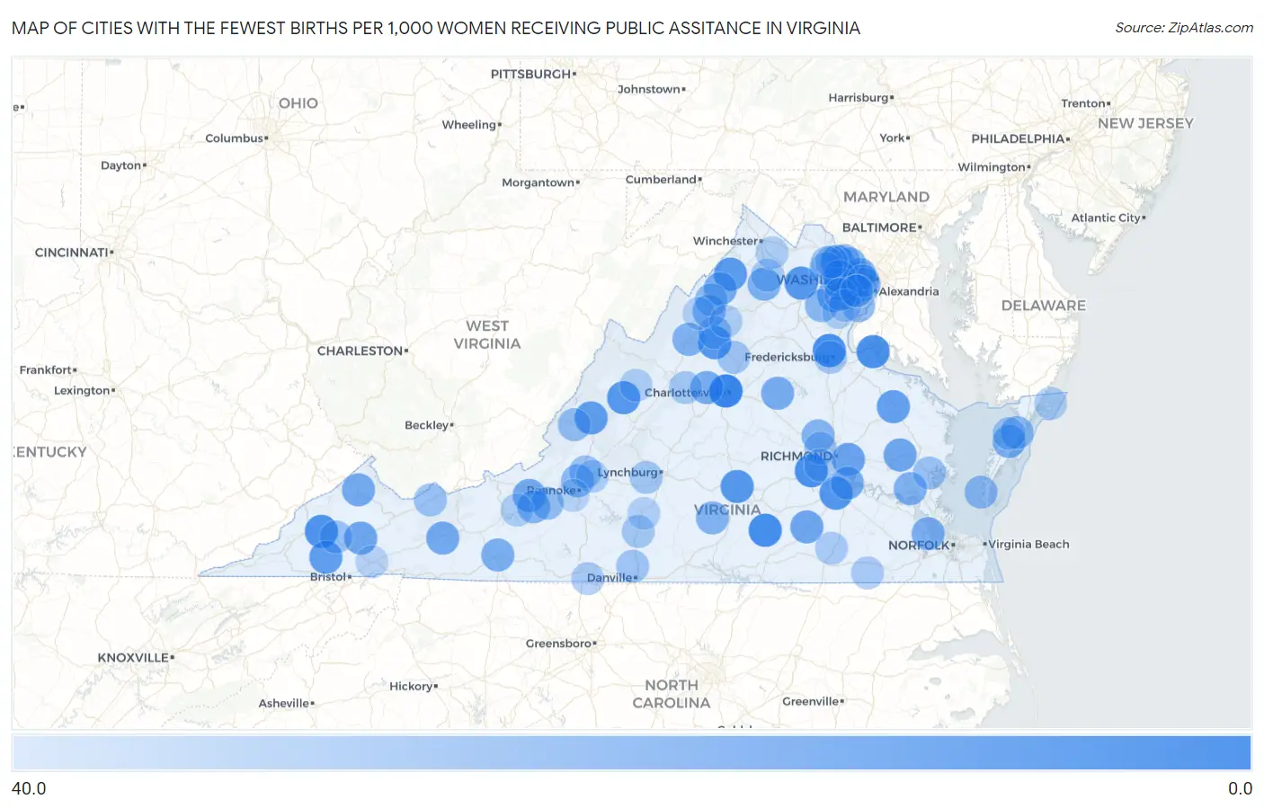 Cities with the Fewest Births per 1,000 Women Receiving Public Assitance in Virginia Map