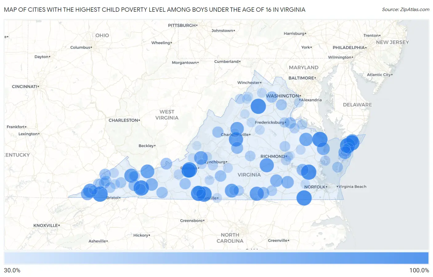 Cities with the Highest Child Poverty Level Among Boys Under the Age of 16 in Virginia Map
