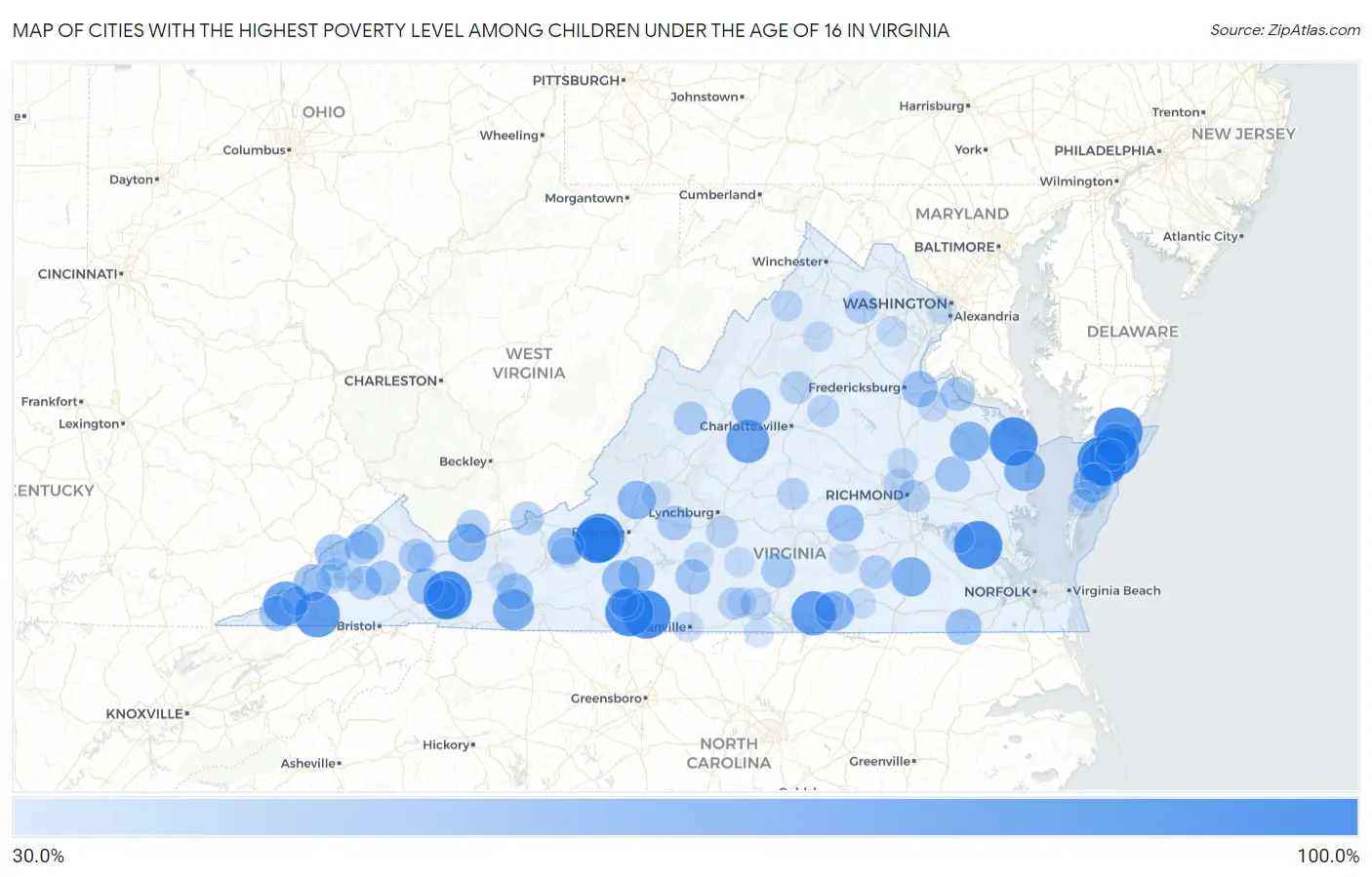Cities with the Highest Poverty Level Among Children Under the Age of 16 in Virginia Map