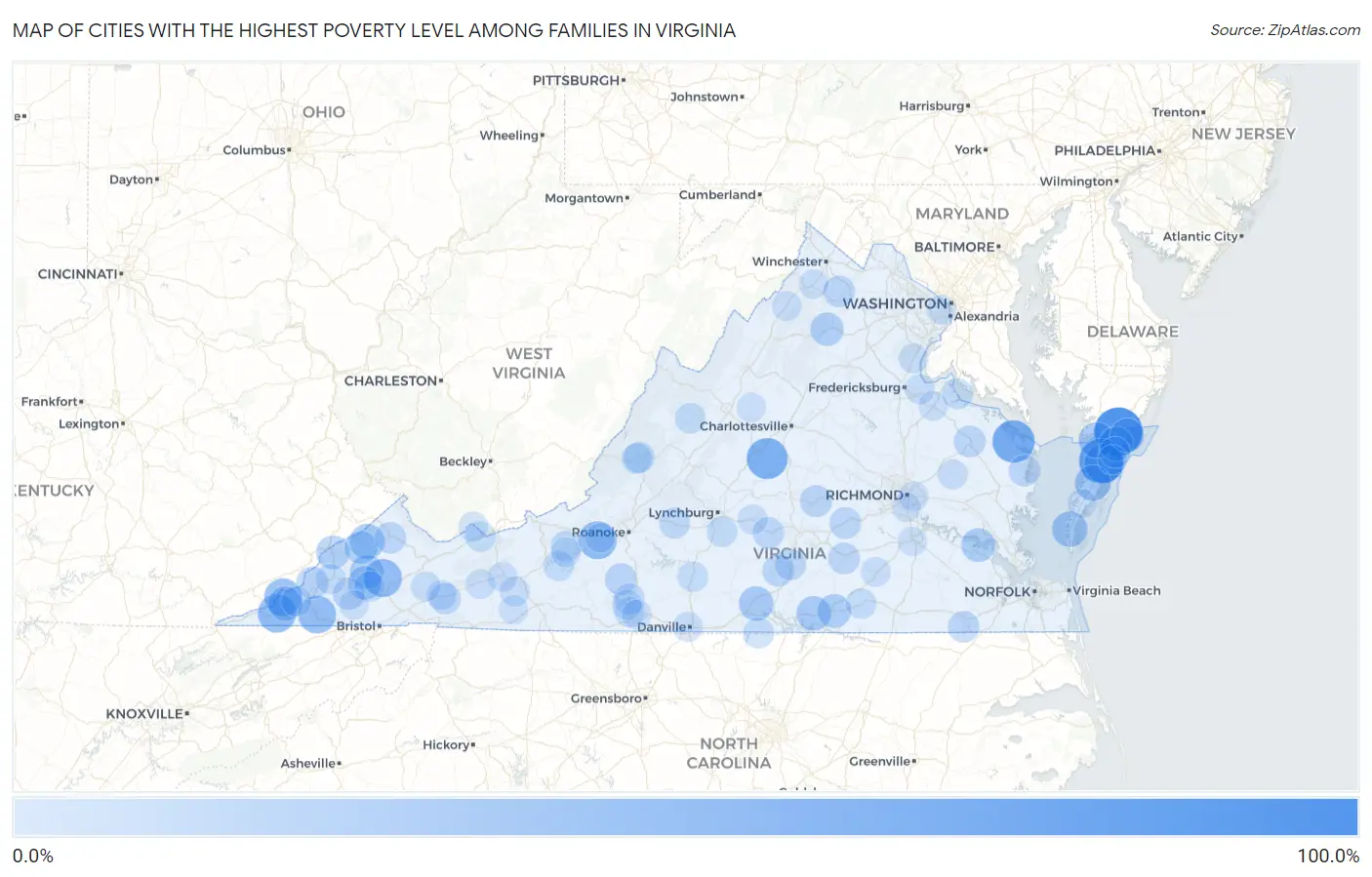 Cities with the Highest Poverty Level Among Families in Virginia Map