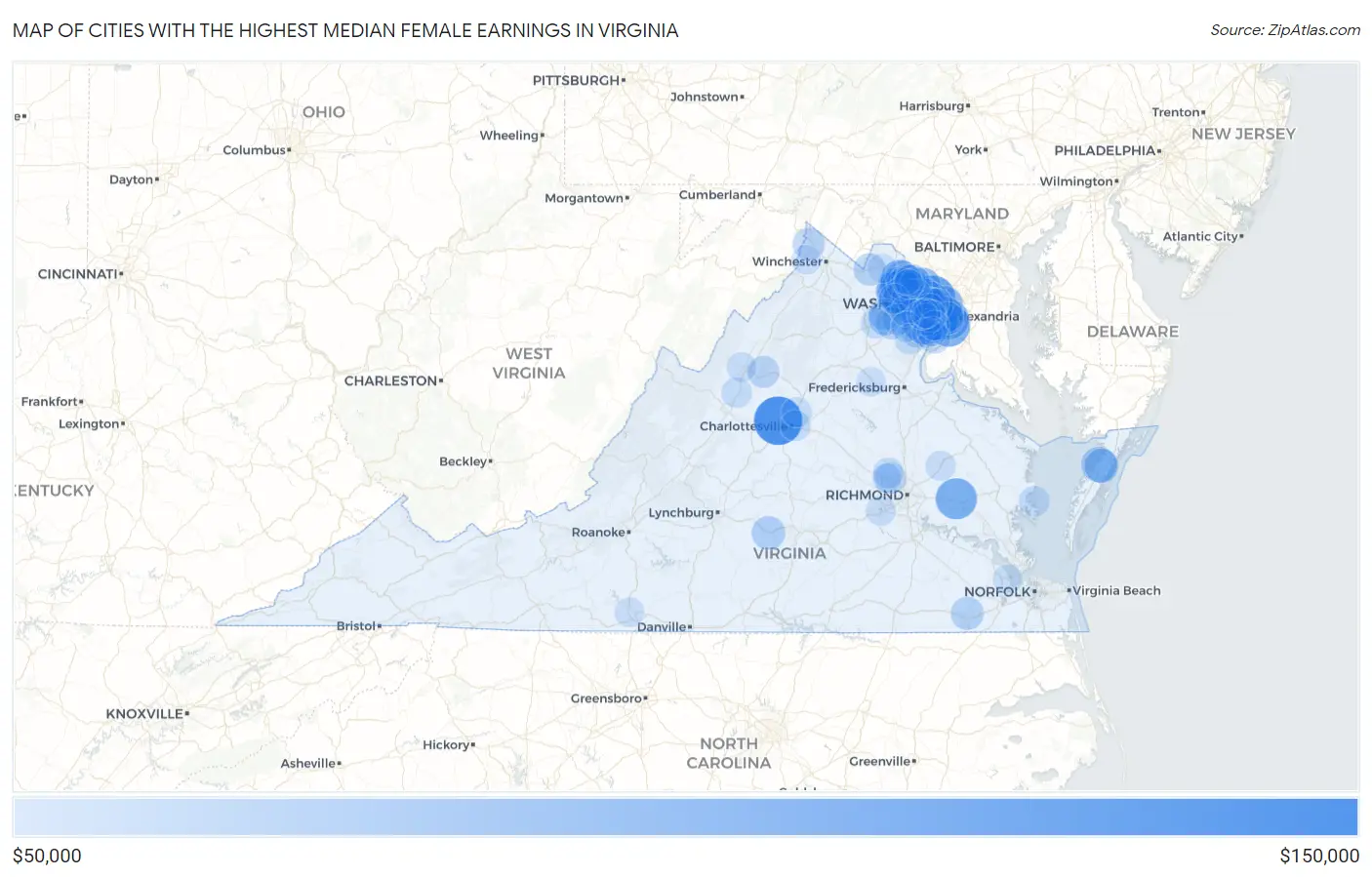 Cities with the Highest Median Female Earnings in Virginia Map