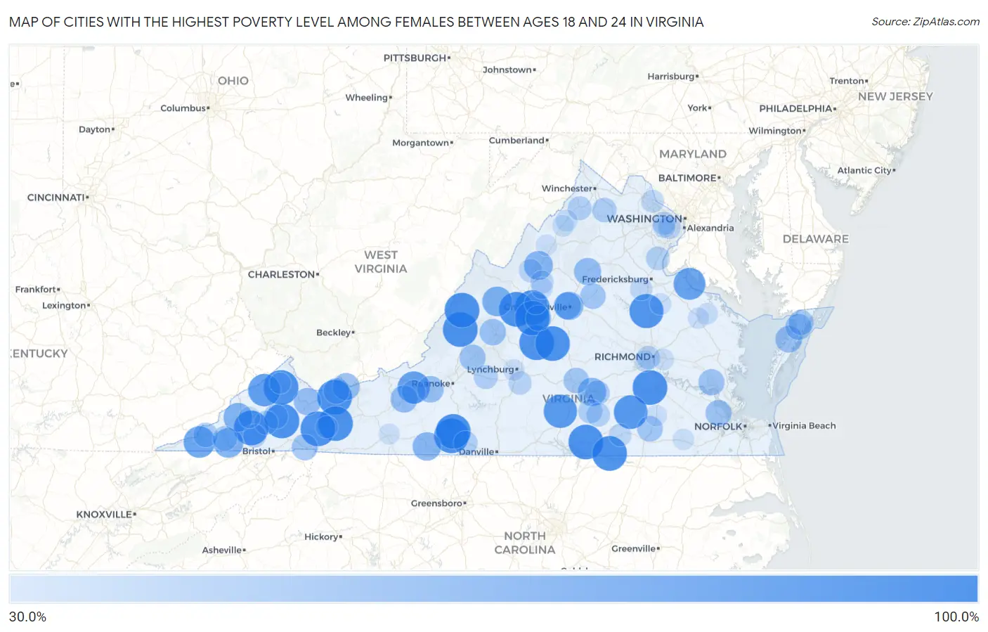 Cities with the Highest Poverty Level Among Females Between Ages 18 and 24 in Virginia Map