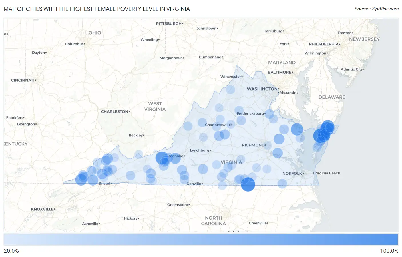 Cities with the Highest Female Poverty Level in Virginia Map