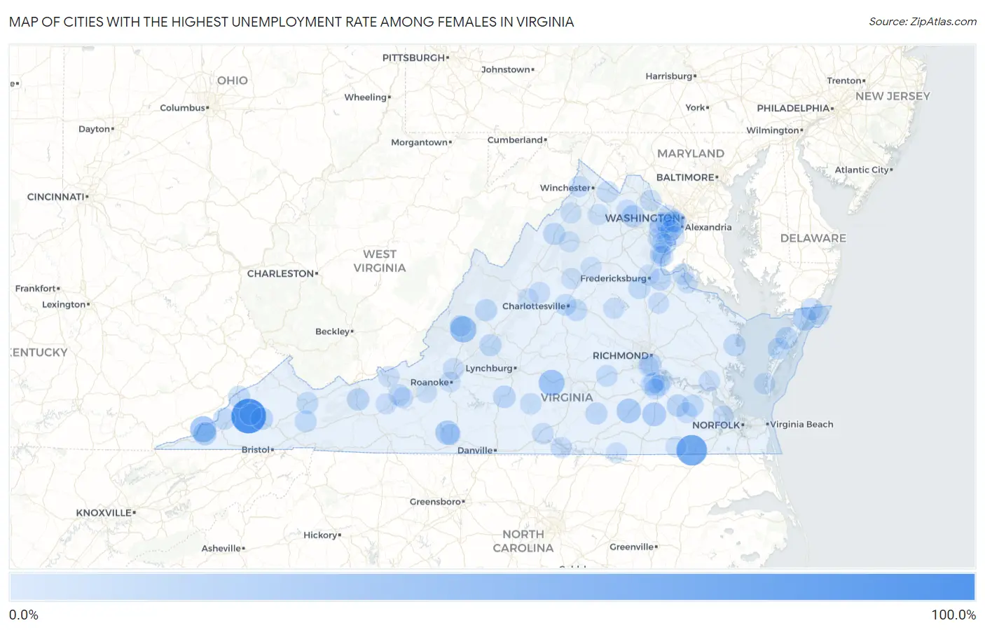 Cities with the Highest Unemployment Rate Among Females in Virginia Map