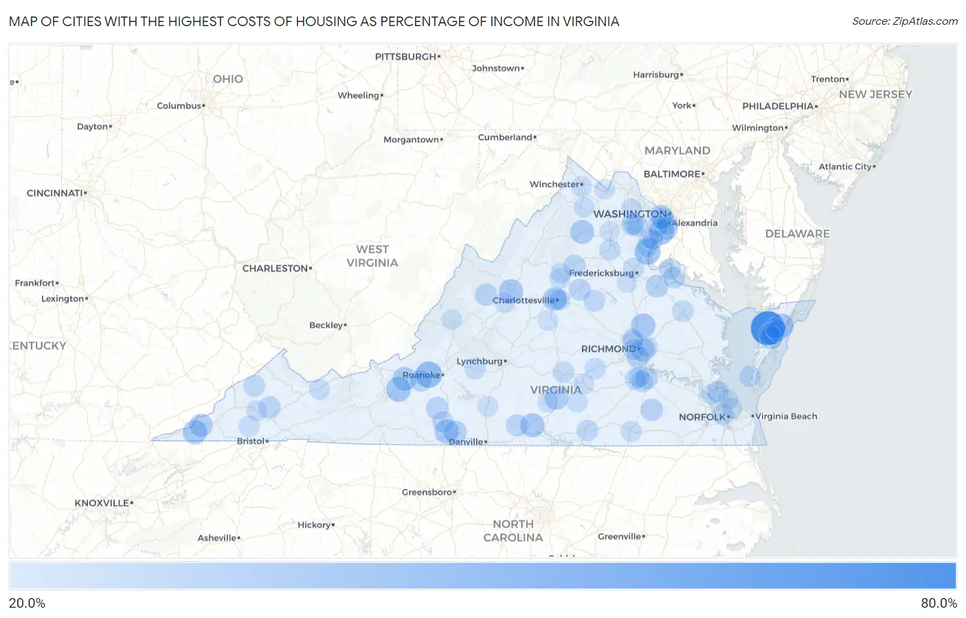 Cities with the Highest Costs of Housing as Percentage of Income in Virginia Map