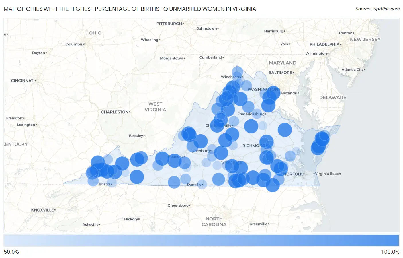 Cities with the Highest Percentage of Births to Unmarried Women in Virginia Map