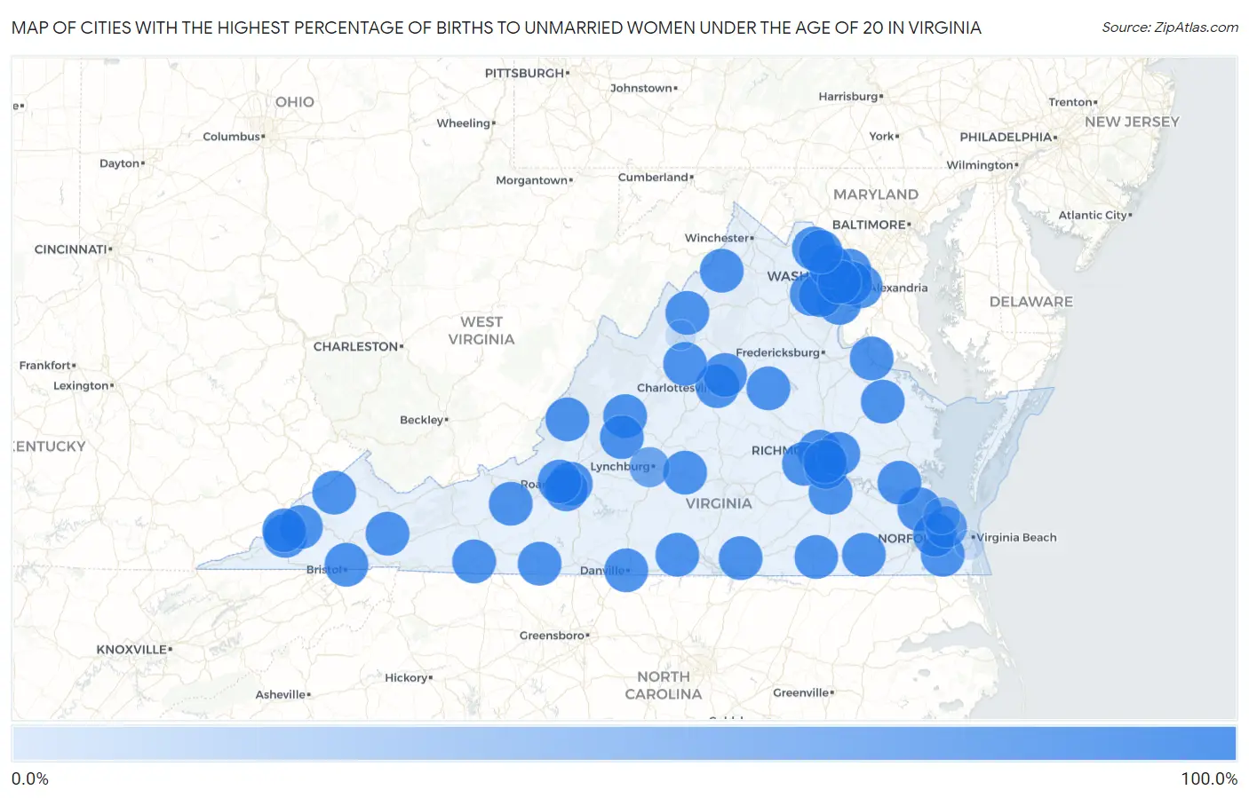 Cities with the Highest Percentage of Births to Unmarried Women under the Age of 20 in Virginia Map