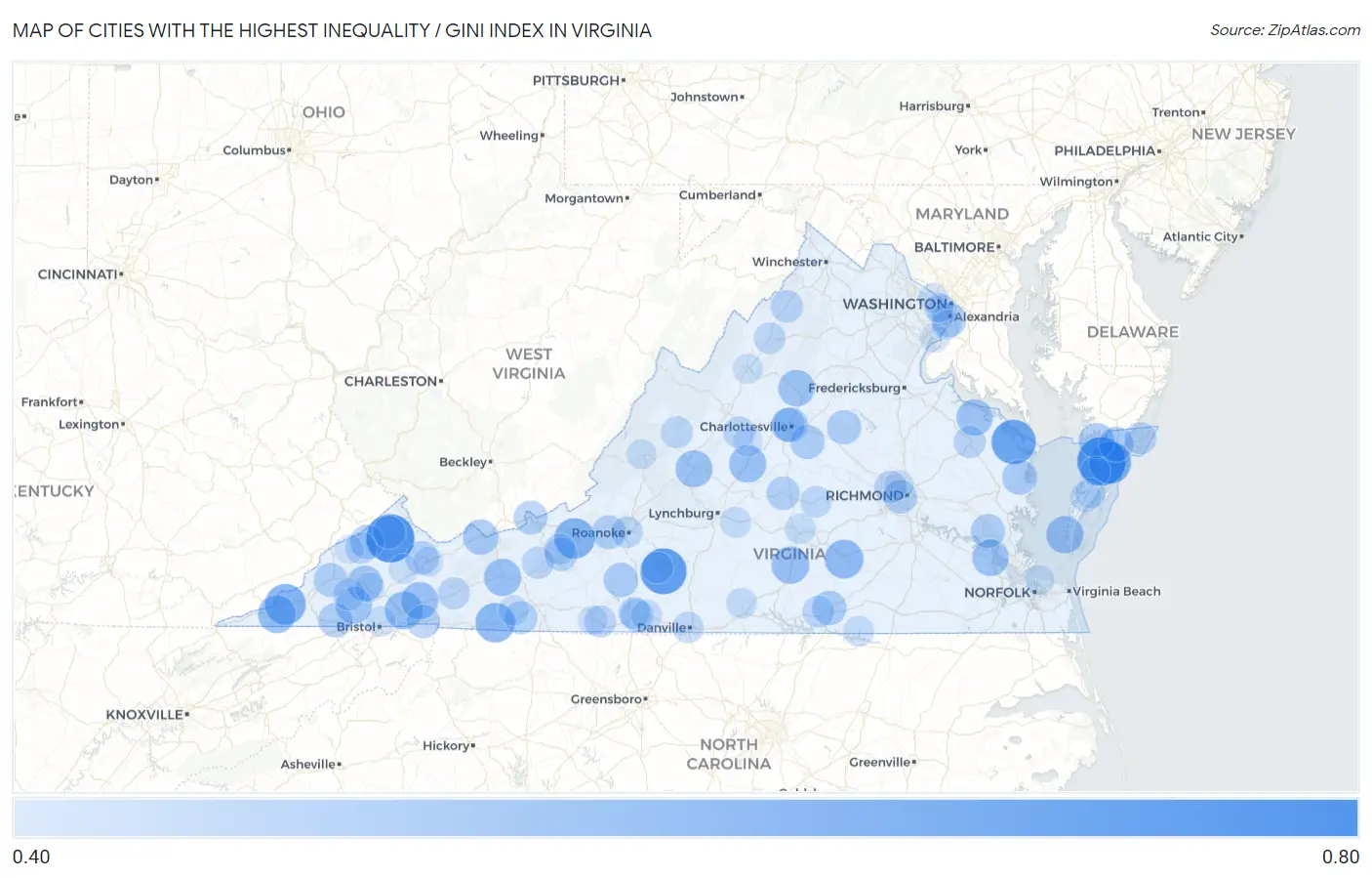 Cities with the Highest Inequality / Gini Index in Virginia Map