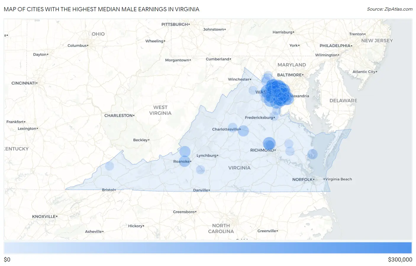 Cities with the Highest Median Male Earnings in Virginia Map