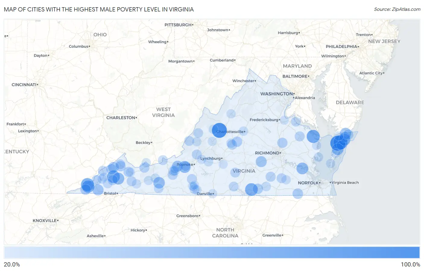 Cities with the Highest Male Poverty Level in Virginia Map