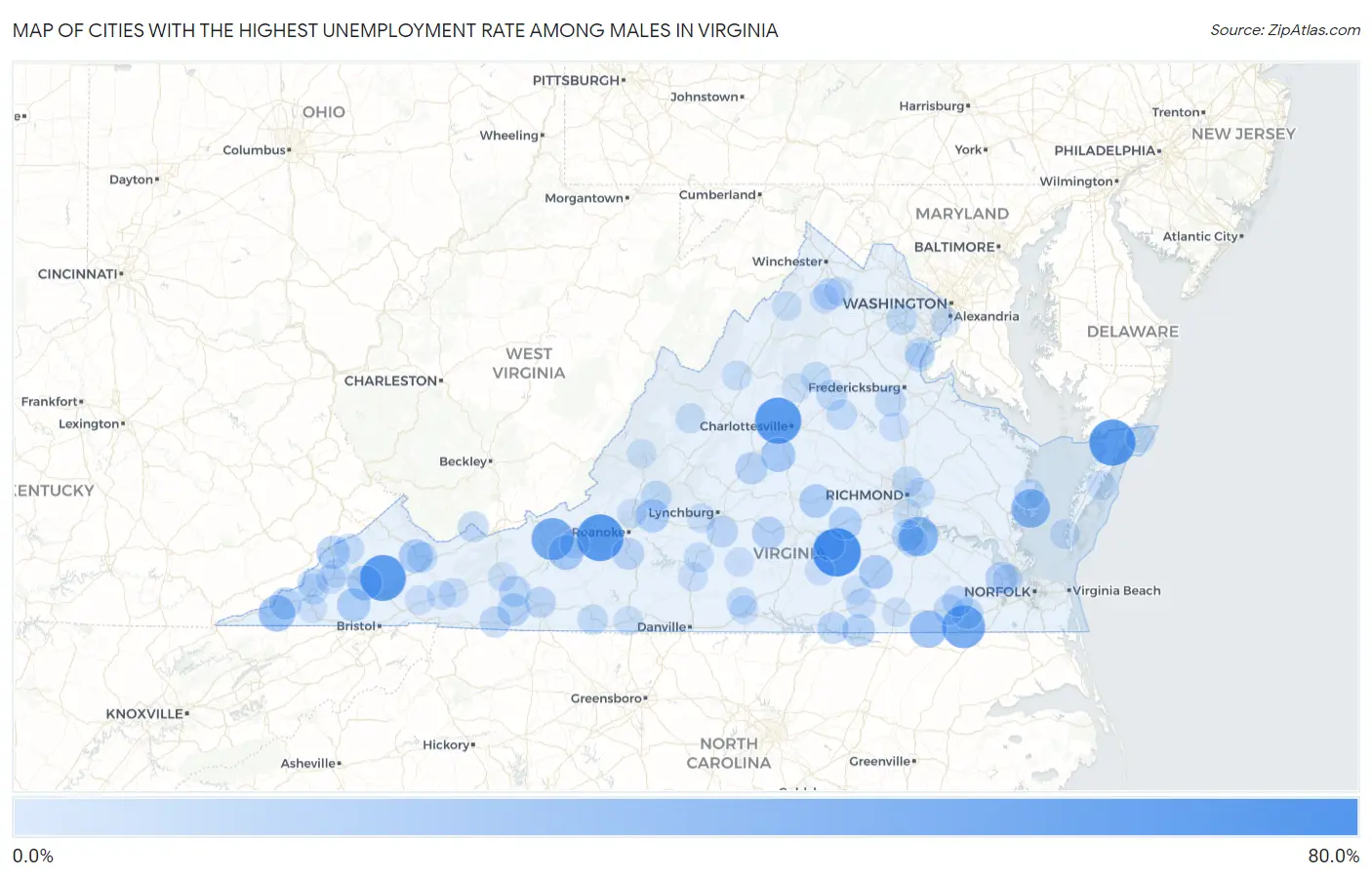 Cities with the Highest Unemployment Rate Among Males in Virginia Map