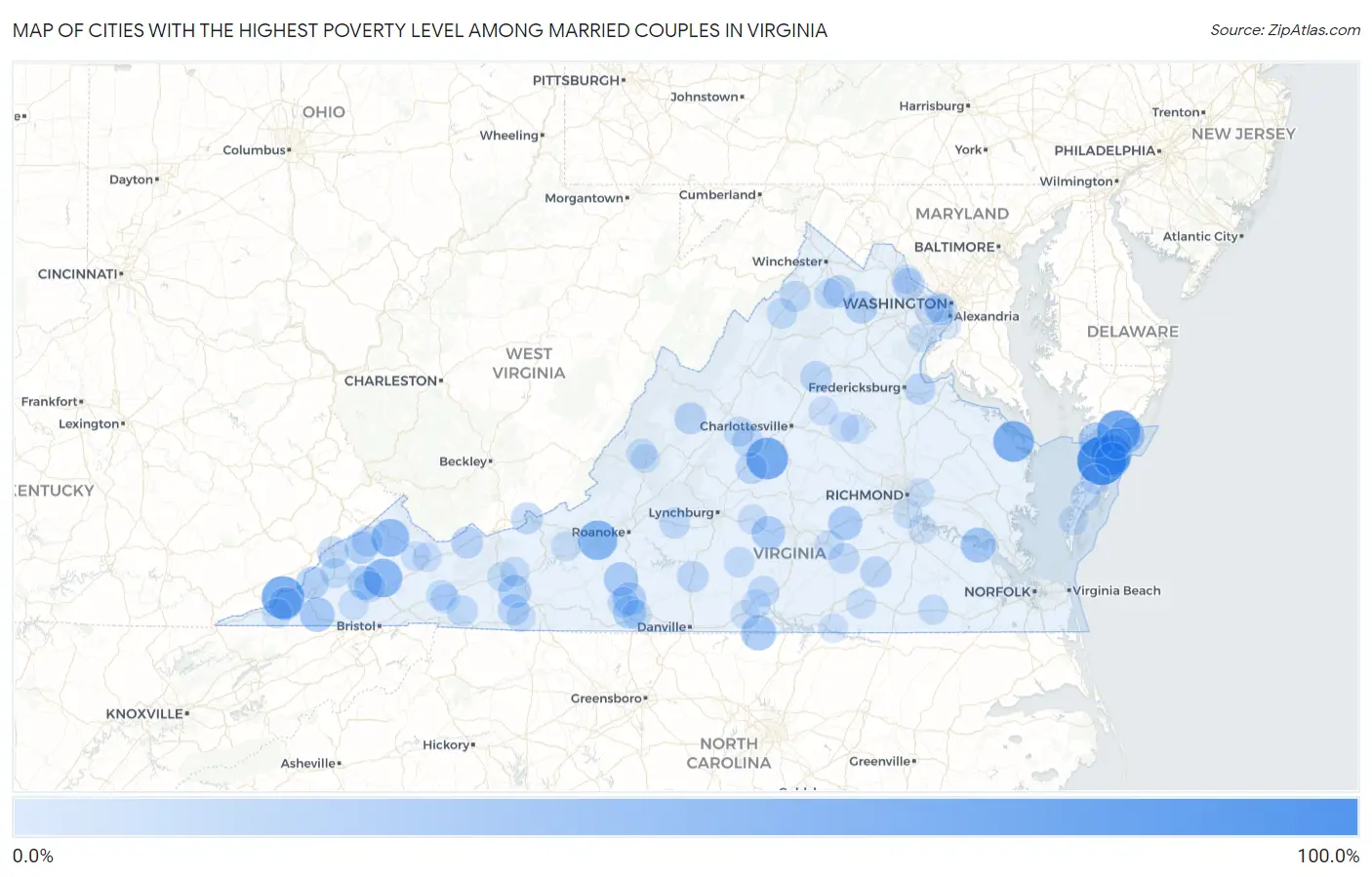Cities with the Highest Poverty Level Among Married Couples in Virginia Map