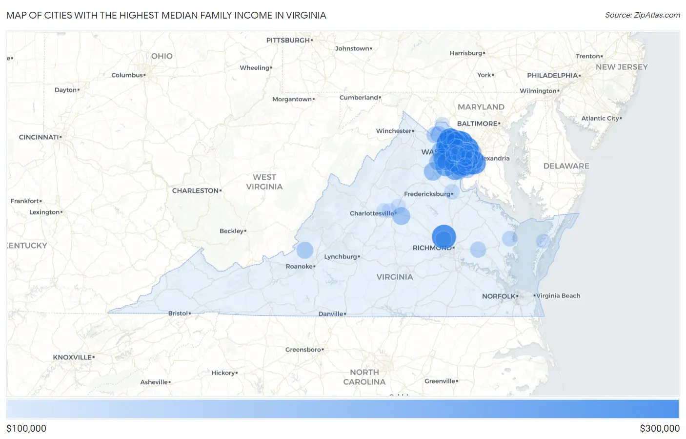 Cities with the Highest Median Family Income in Virginia Map