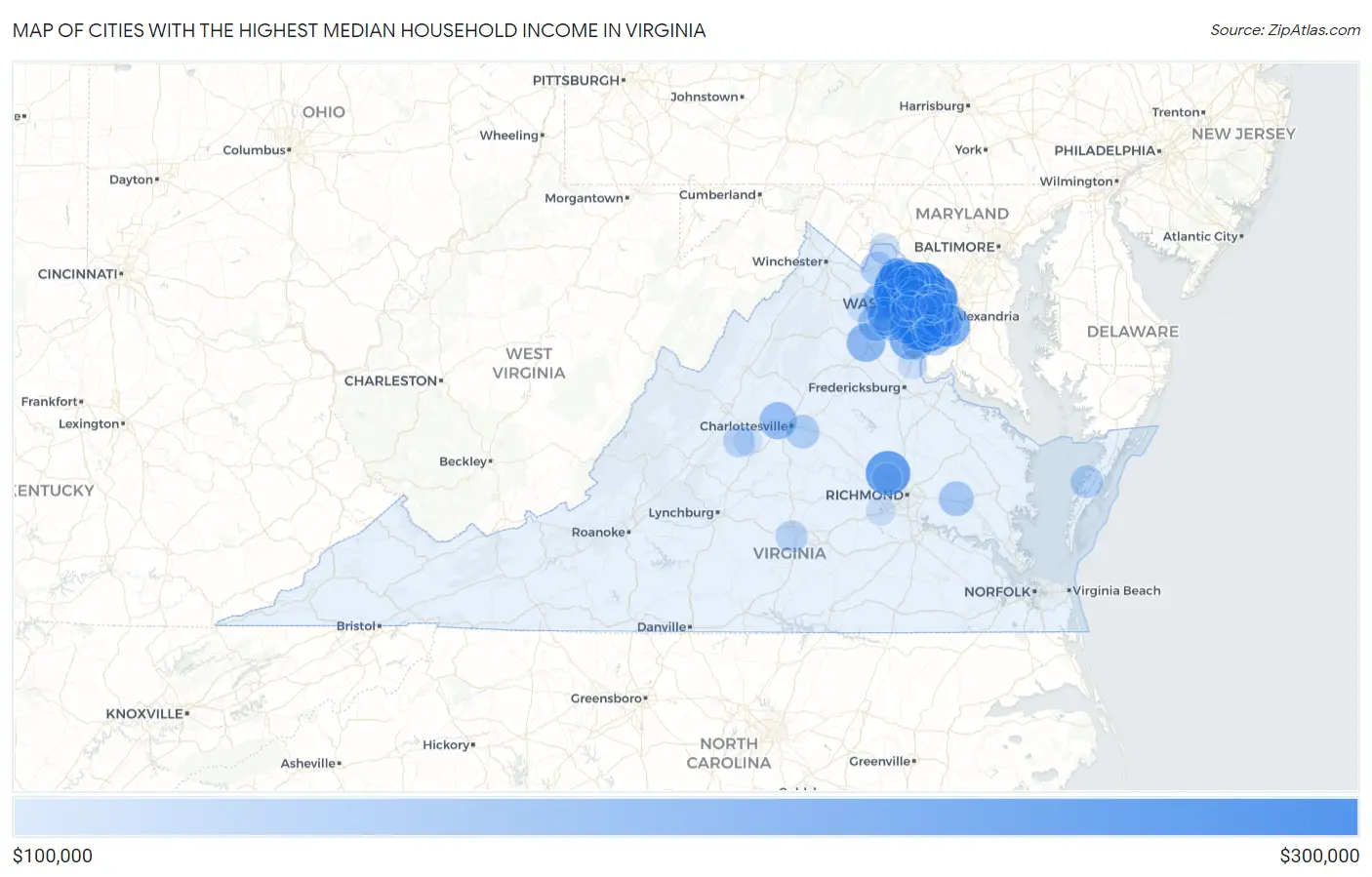 Cities with the Highest Median Household Income in Virginia Map