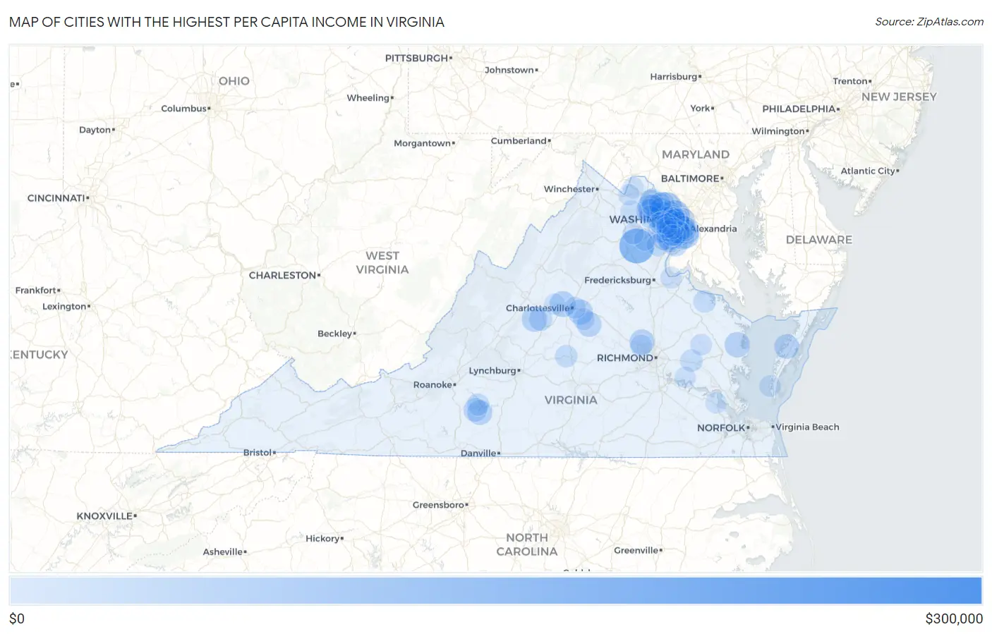 Cities with the Highest Per Capita Income in Virginia Map