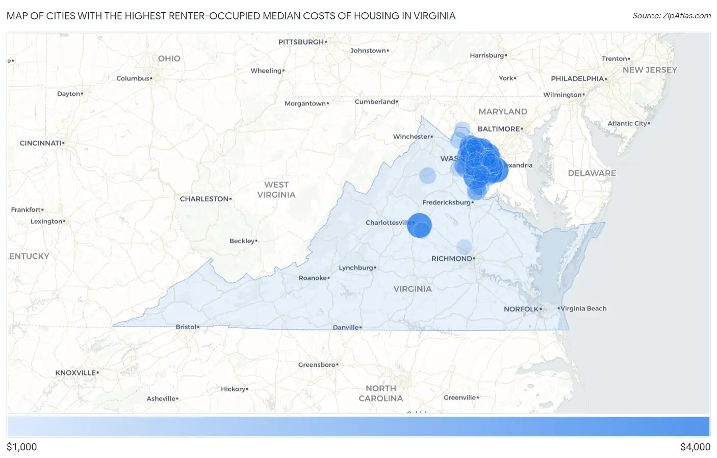 Cities with the Highest Renter-Occupied Median Costs of Housing in Virginia Map
