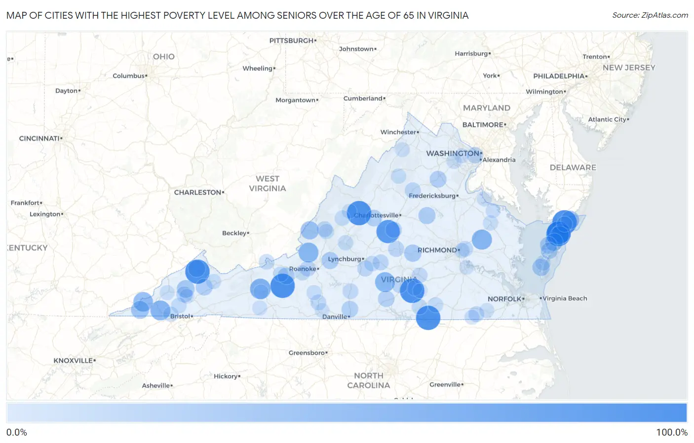 Cities with the Highest Poverty Level Among Seniors Over the Age of 65 in Virginia Map